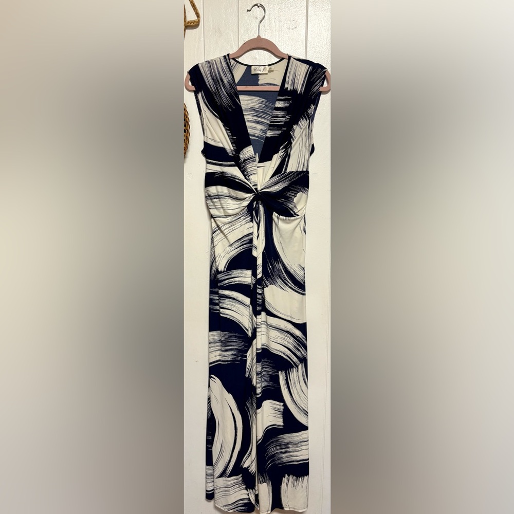 Eliza J 14 Blue White Jersey Knit Stretch Knot Twist Front Sleeveless Maxi Dress - Picture 3 of 7